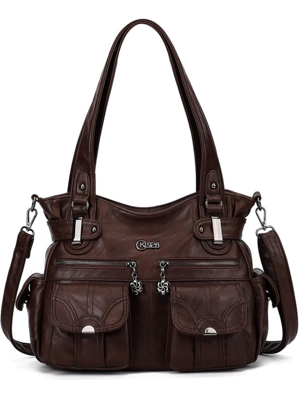 Women's Coffee PU Leather Multi-Pocket Hobo Tote Handbag Shoulder Bag